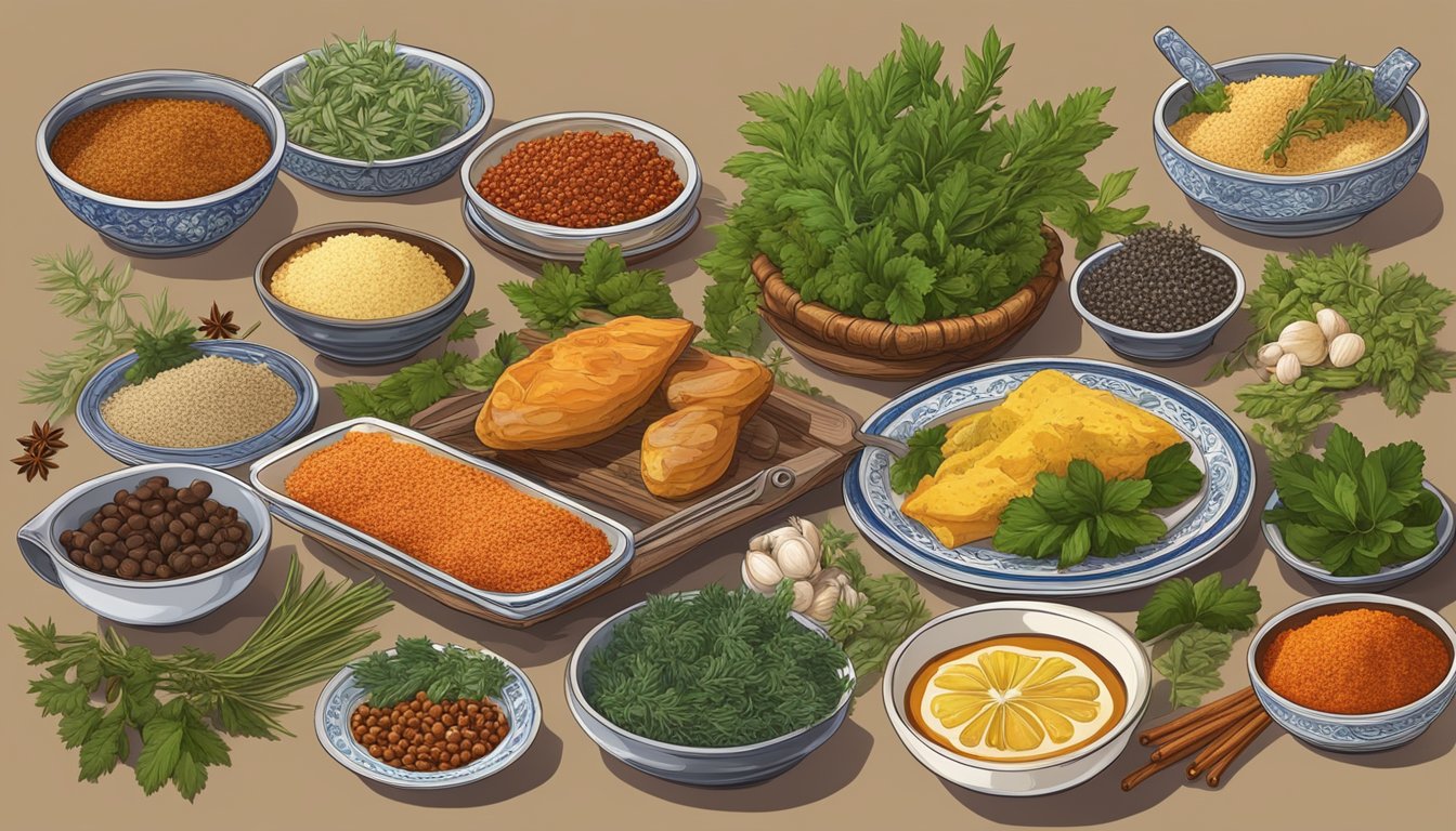 A table set with various dishes of Ukrainian salo, surrounded by traditional herbs and spices