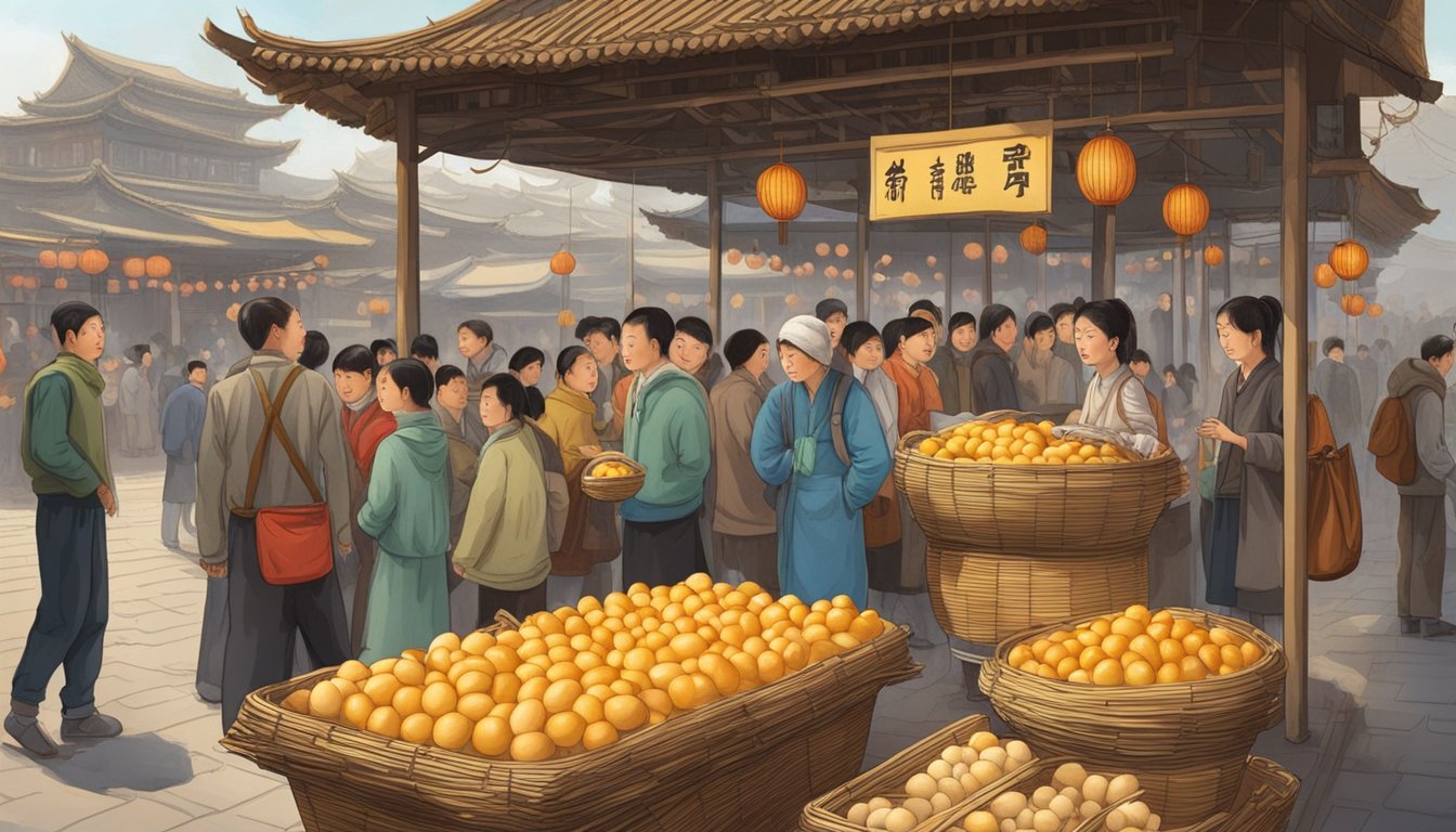 A traditional Chinese market stall displays tong zi dan, also known as "virgin boy eggs," in a decorative basket surrounded by curious onlookers