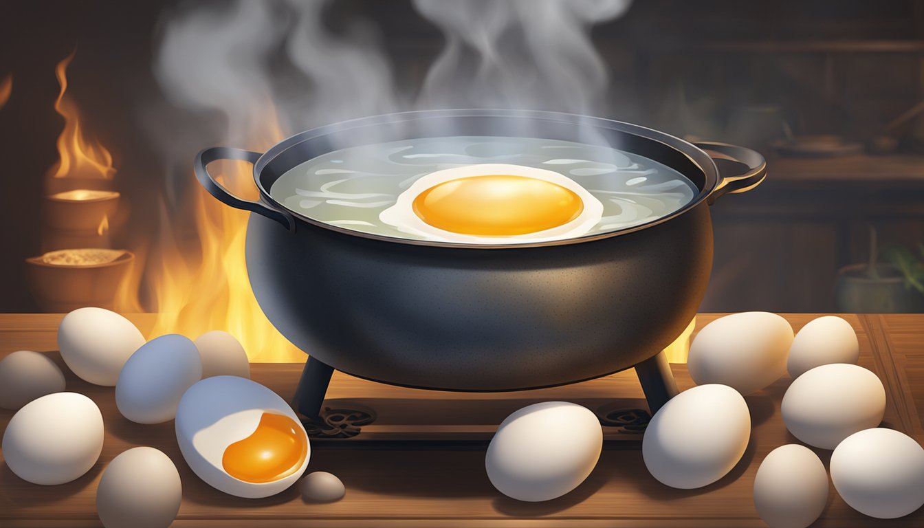 A group of eggs simmering in a pot of water over a fire, with steam rising and a traditional Chinese setting in the background