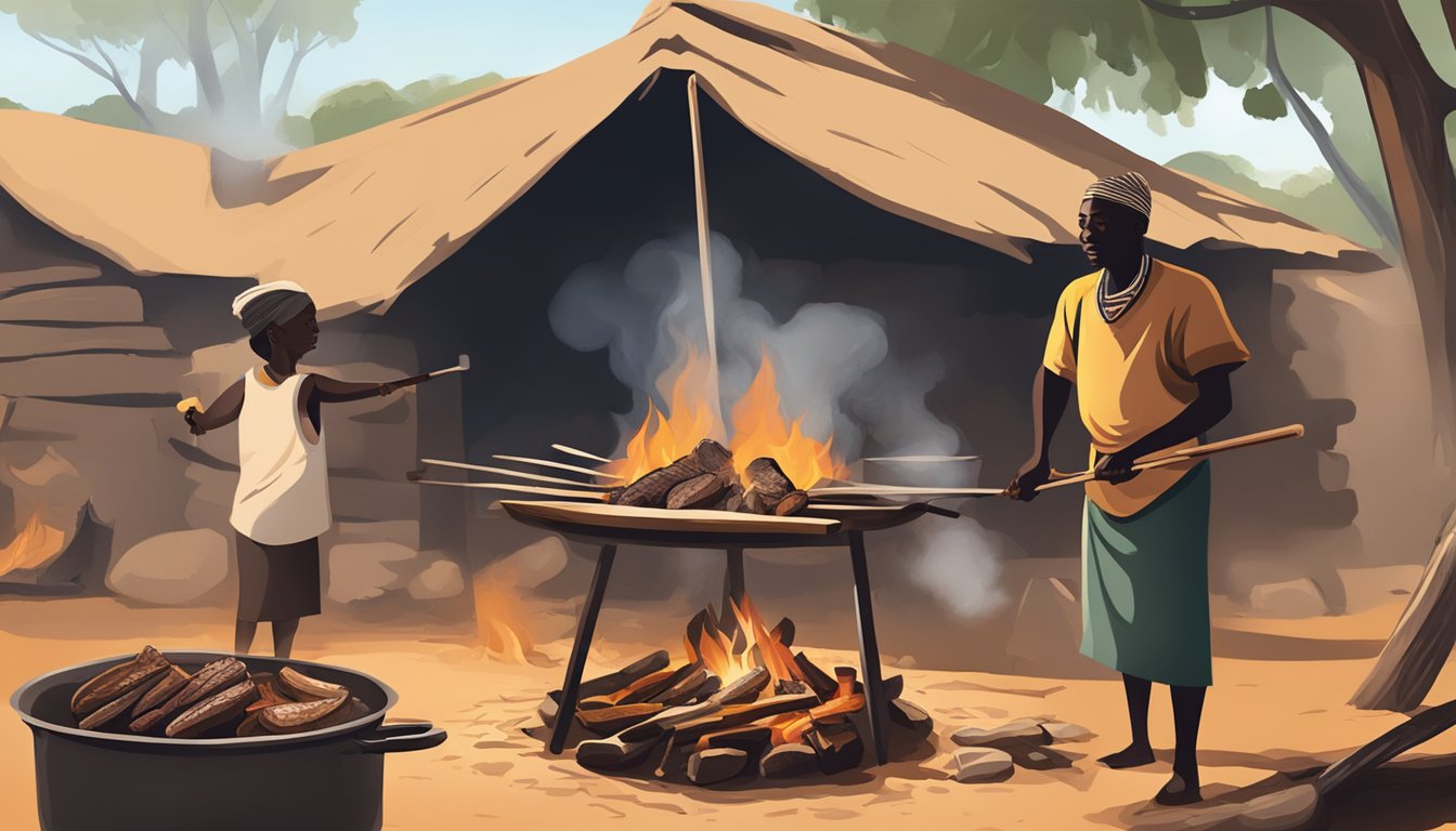 African bushmeat cooking over an open fire in a rural village