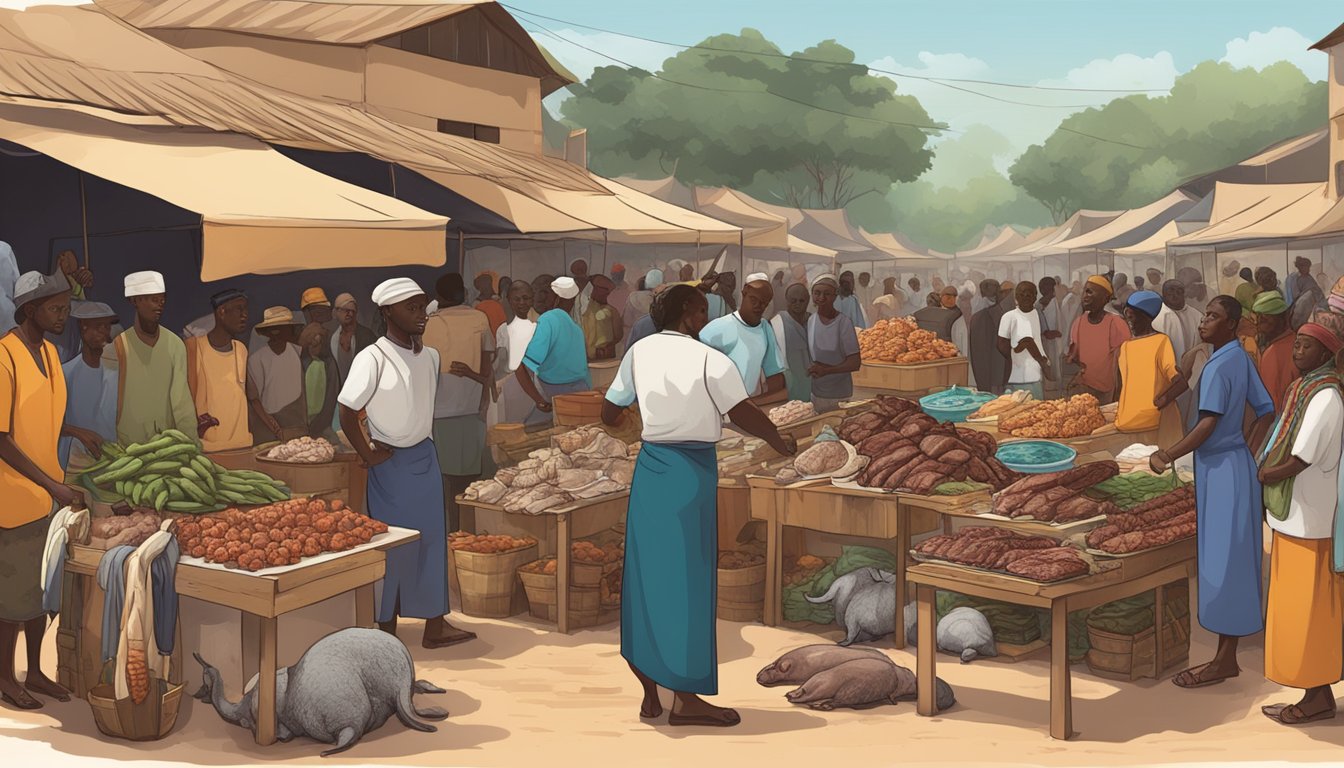 A bustling African market with various exotic meats on display, including bushmeat, surrounded by curious onlookers and vendors