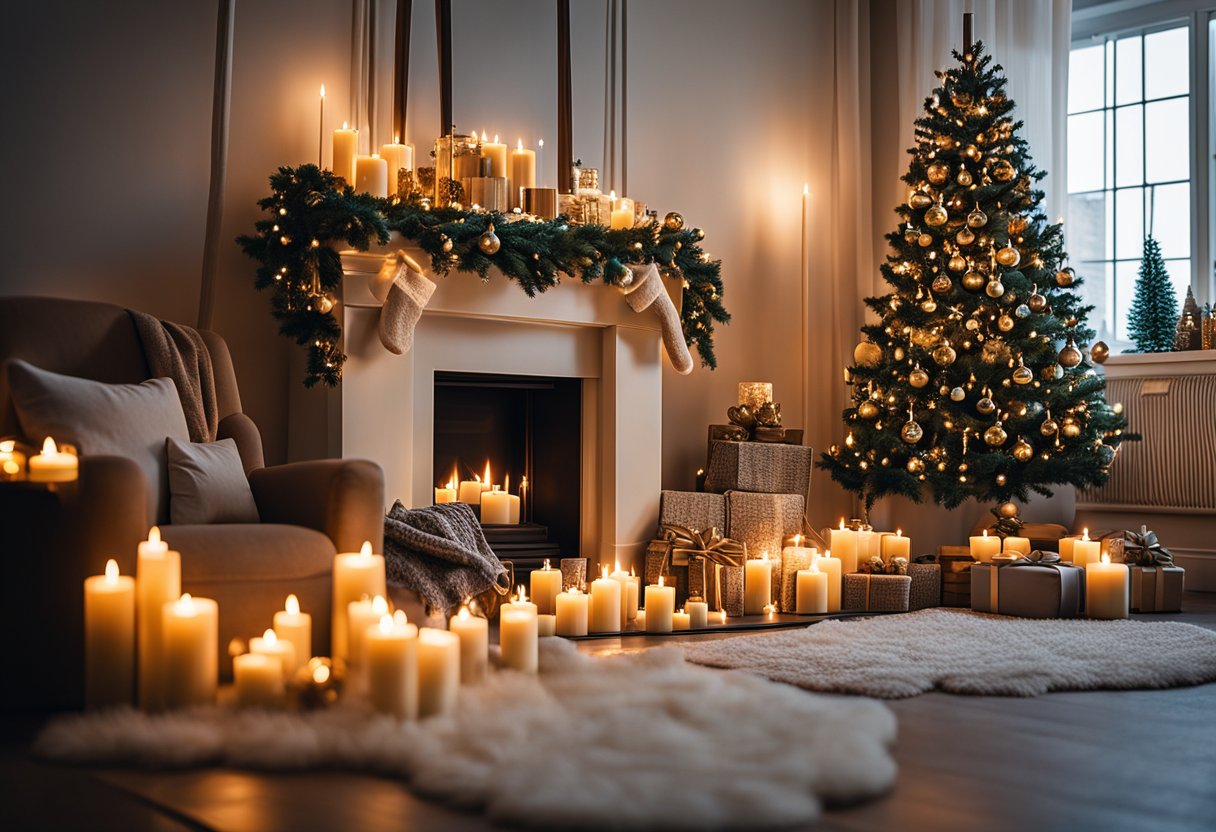 A cozy living room with a festive mantle adorned with 16 unique Christmas candles of various shapes, sizes, and colors