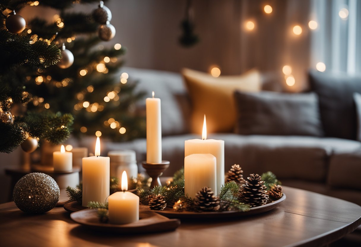 A cozy living room with a lit Christmas tree candle holder on a wooden coffee table surrounded by festive decorations