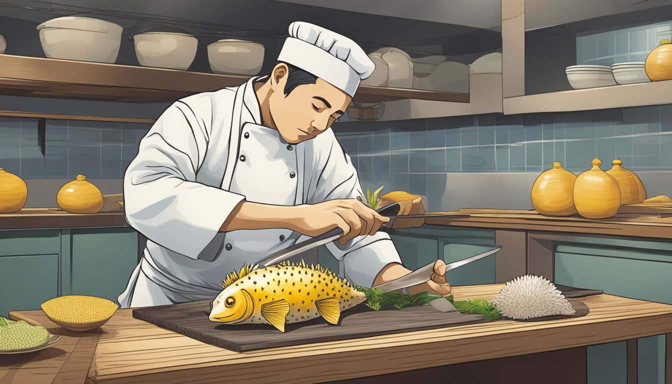 A chef carefully slicing and preparing a pufferfish for a traditional Japanese delicacy