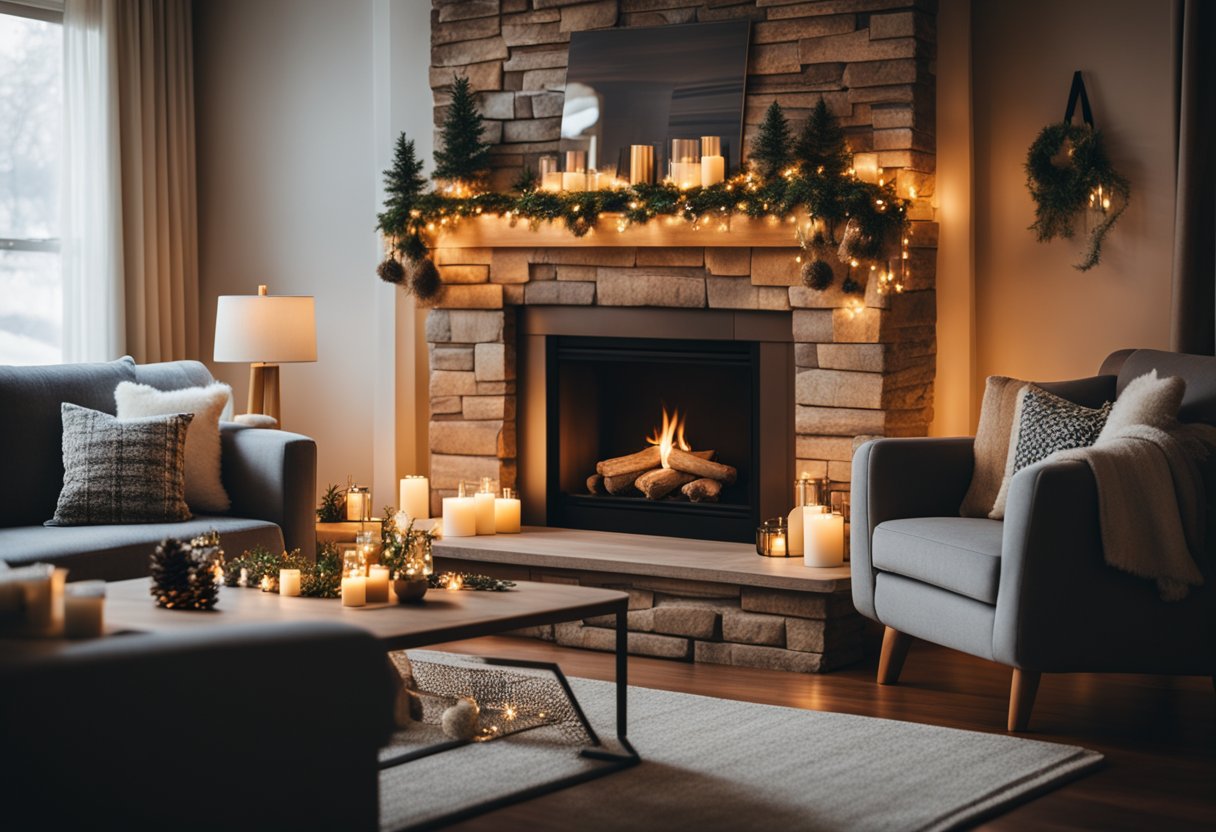 A cozy living room with a crackling fireplace, adorned with twinkling lights and a glowing holiday candle on the mantle