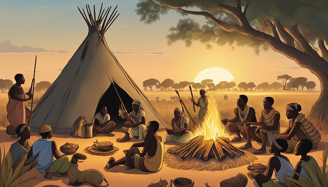 African savanna with indigenous animals, hunters, and villagers gathering around a fire to cook bushmeat