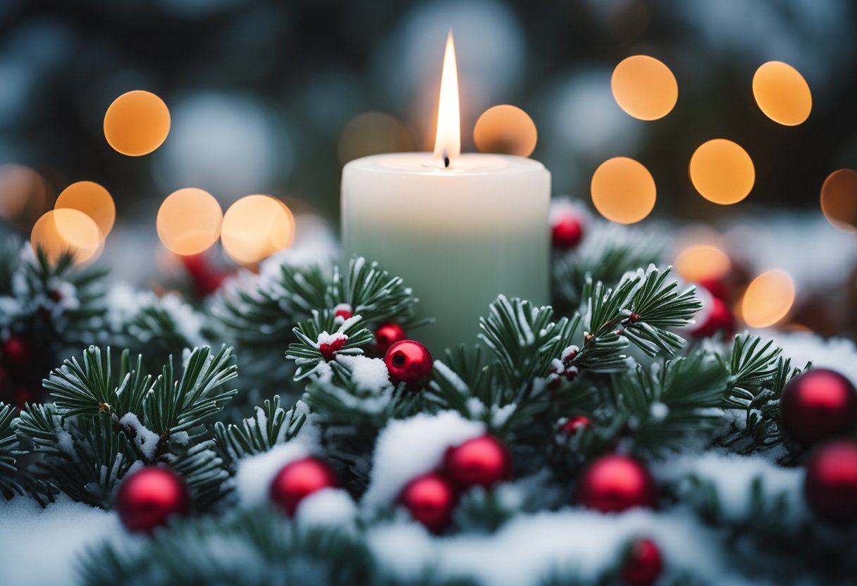 A festive candle surrounded by frosted holly berries and winter greenery