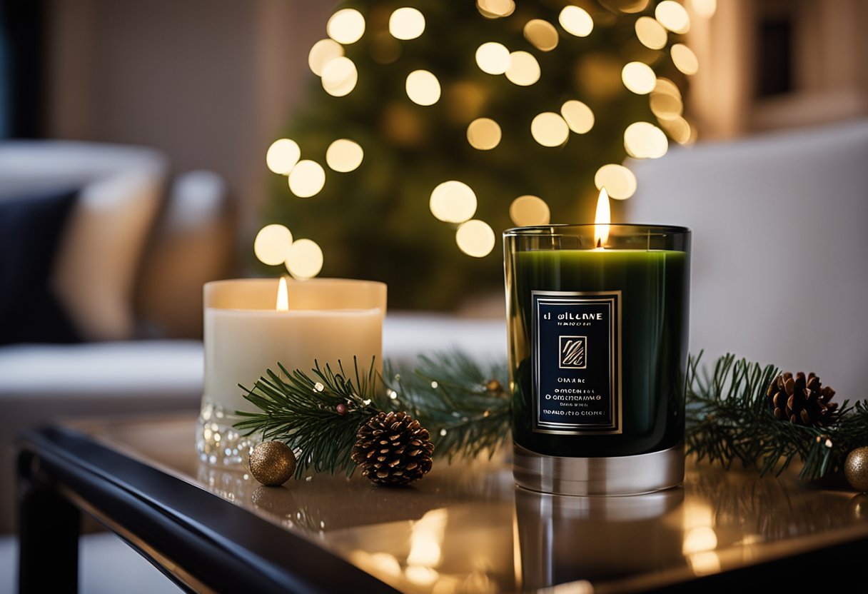 A cozy living room with a lit Jo Malone London Pine & Eucalyptus Christmas candle surrounded by festive decorations and warm holiday ambiance