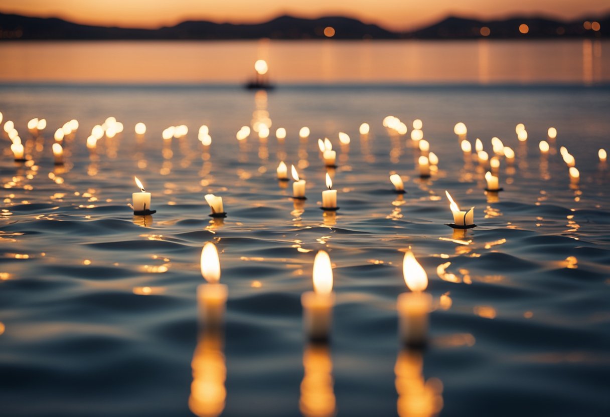 A serene bay at sunset, with 16 candles glowing on the water's edge, evoking peace and tranquility