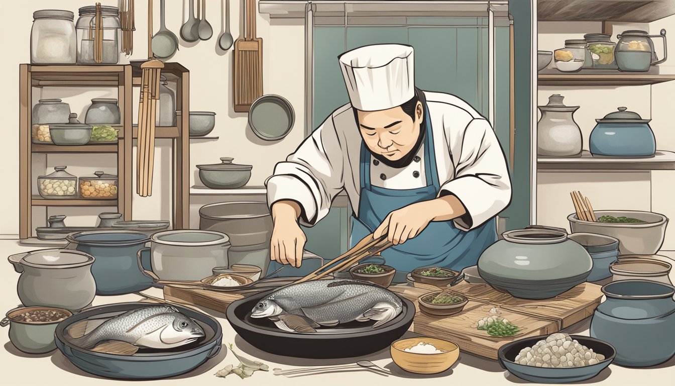 A skilled chef carefully prepares the potentially deadly fugu fish, surrounded by traditional Japanese cooking utensils and ingredients