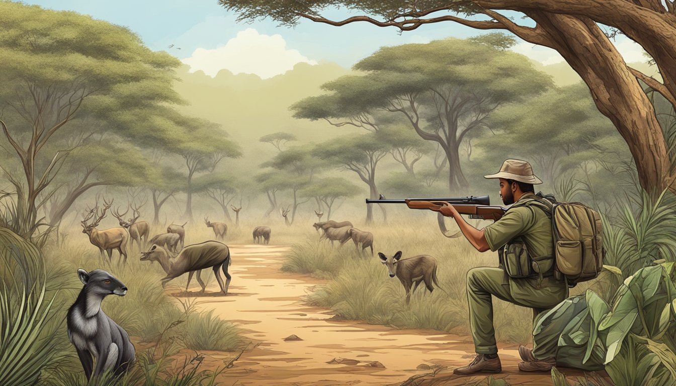 A hunter with a rifle stalking through the dense African bush, with various wildlife species such as monkeys, antelopes, and birds in the background