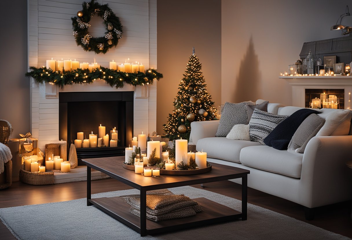 A cozy living room with a fireplace, adorned with Luminara Flameless Birch Bark Candles, creating a warm and festive ambiance for Christmas