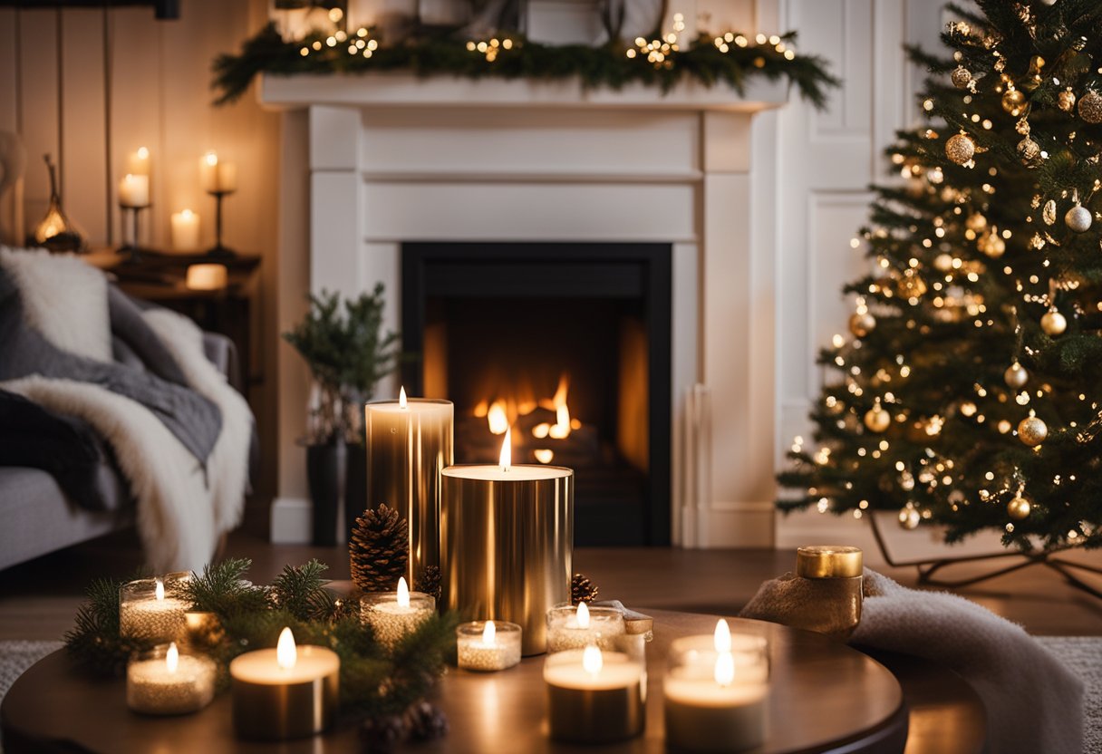 A cozy living room with a crackling fireplace, adorned with festive greenery and twinkling lights. A Diptyque Sapin de Lumière 16 Christmas candle flickers on the coffee table, filling the room with a warm, inviting glow