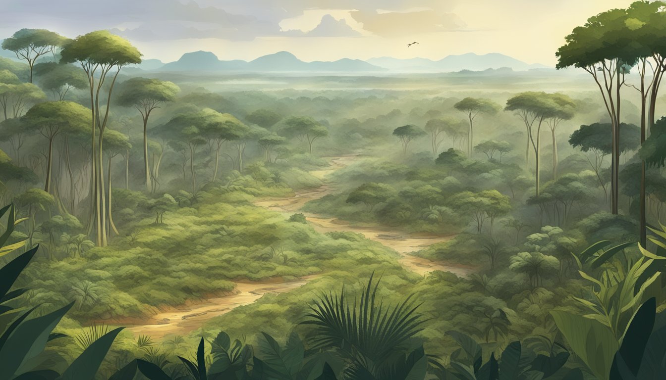 A dense African jungle with scattered patches of cleared land, showing signs of human activity and encroachment on wildlife habitats