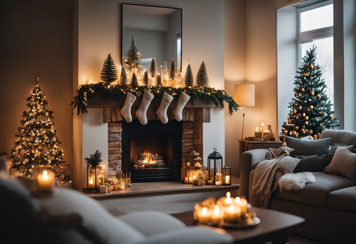 A cozy living room with a crackling fire, adorned with twinkling lights and a beautifully decorated Christmas tree, with the scent of Balsam & Cedarwood filling the air