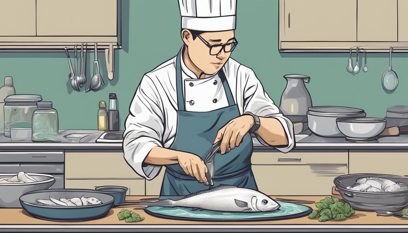 A chef meticulously prepares a fugu, carefully removing poisonous organs. The delicate process requires precision and expertise