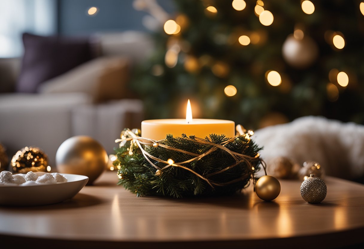 A cozy living room with a lit Nest New York Holiday Scented Candle surrounded by festive decorations and warm lighting