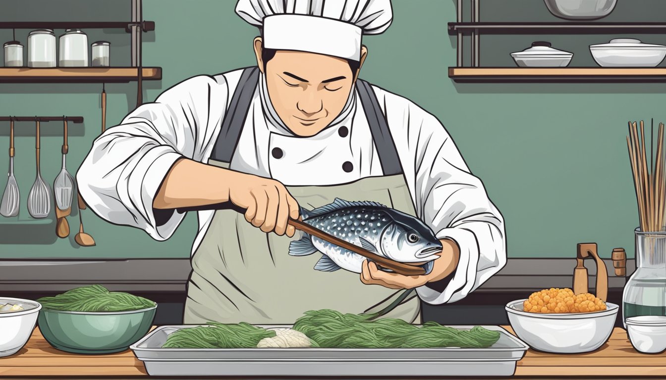 A skilled chef carefully prepares the dangerous fugu fish, skillfully removing the toxic parts to create a delicate and risky Japanese delicacy