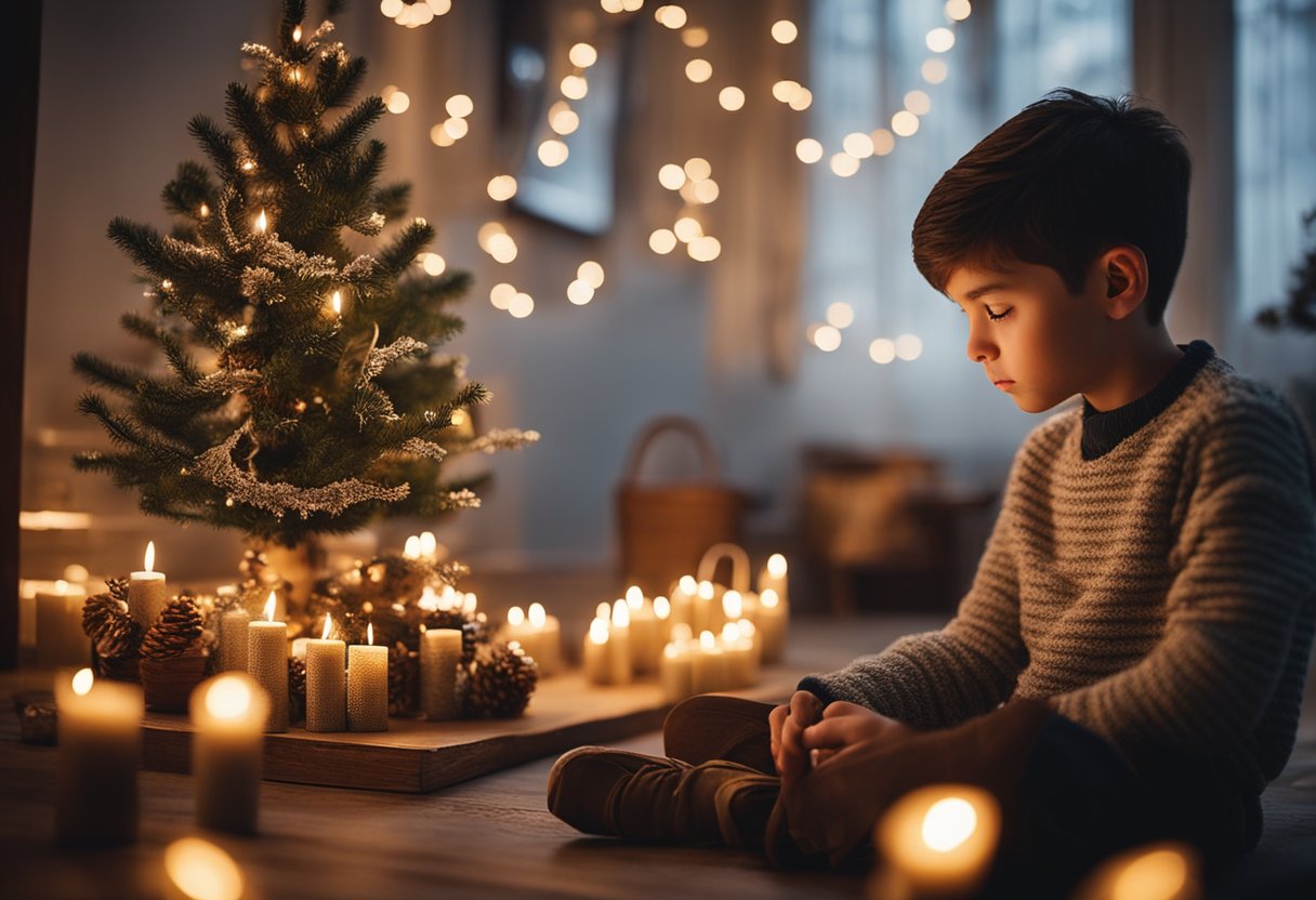 A boy sits by a glowing Christmas tree, surrounded by incense and rose-scented candles, creating a warm and festive atmosphere