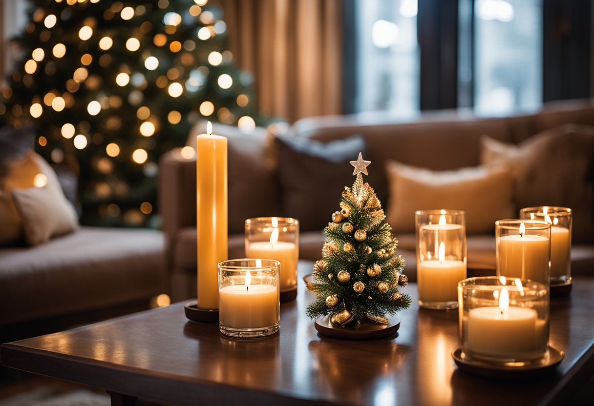 A cozy living room adorned with festive decorations, featuring a beautifully lit Christmas tree surrounded by the warm glow of Harlem Candle Company's holiday edition candles