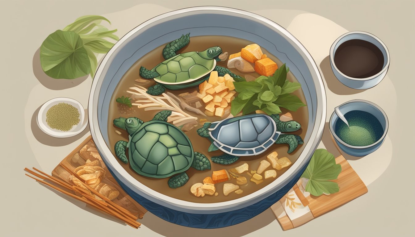 A steaming bowl of turtle soup surrounded by Asian and Southern American cultural symbols