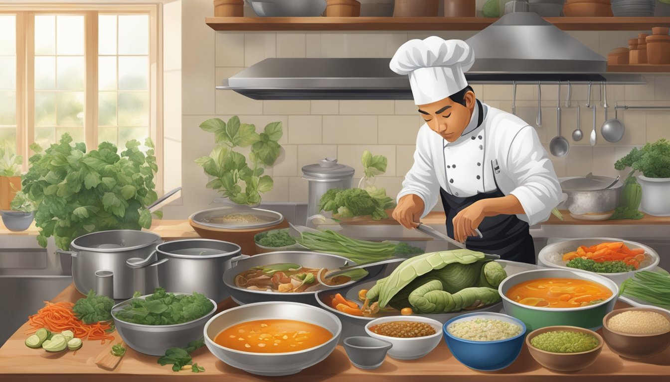 A chef prepares turtle soup in a kitchen, surrounded by Asian and Southern American ingredients