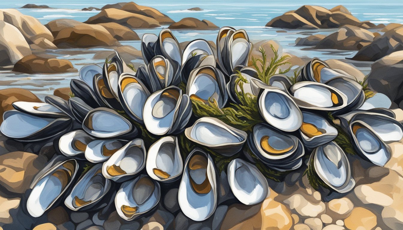 Goose barnacles clustered on rocky shore, reaching for mussels and seaweed, under the warm sun of Spain and Portugal