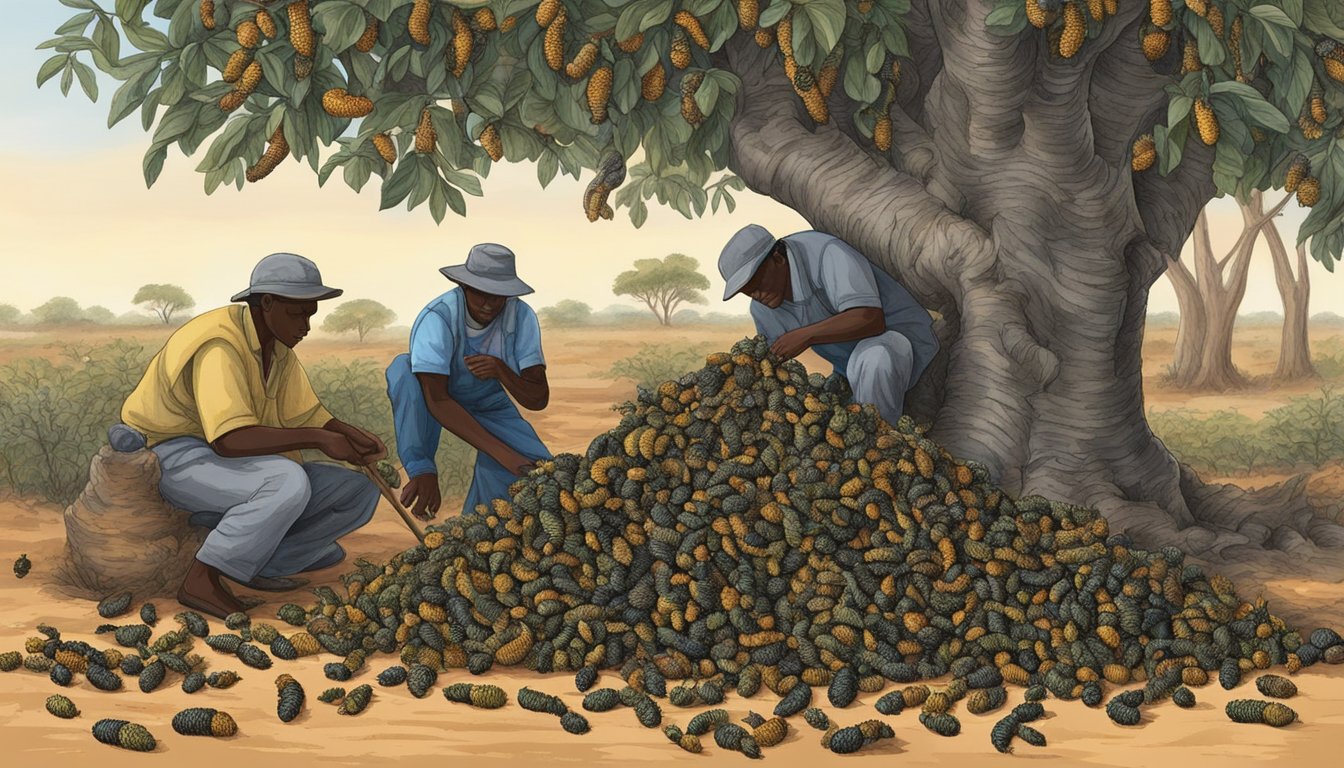 Mopane worms being harvested from the branches of mopane trees in the savannah of southern Africa