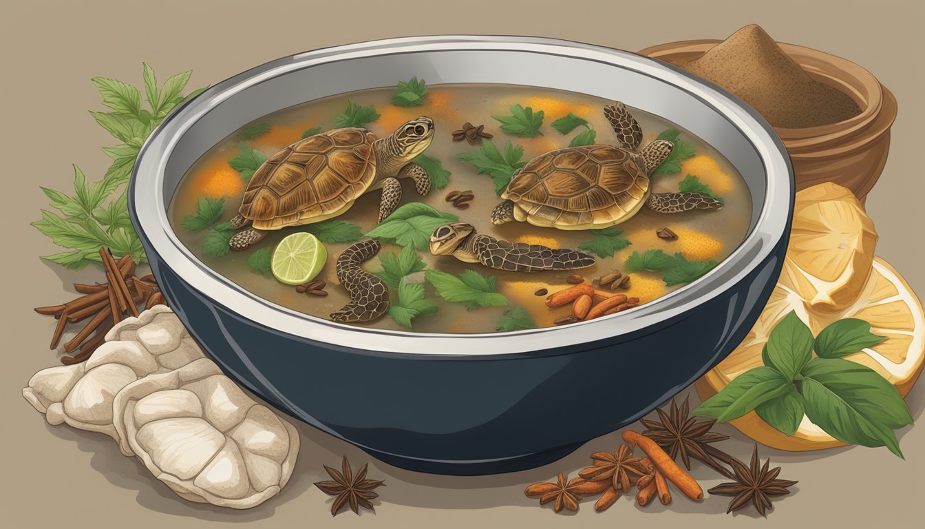 A steaming bowl of turtle soup surrounded by exotic spices and herbs, with a map of Asia and the American South in the background