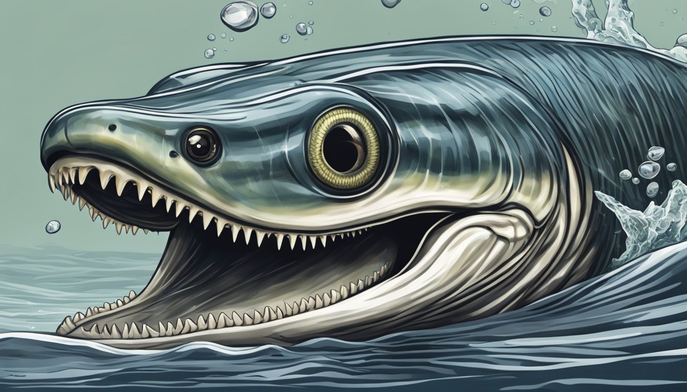 A lamprey emerging from the water, revealing a mouth full of sharp teeth and latching onto a struggling fish