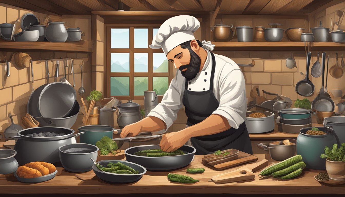 A chef preparing a lamprey in a rustic kitchen, surrounded by pots, pans, and various cooking utensils