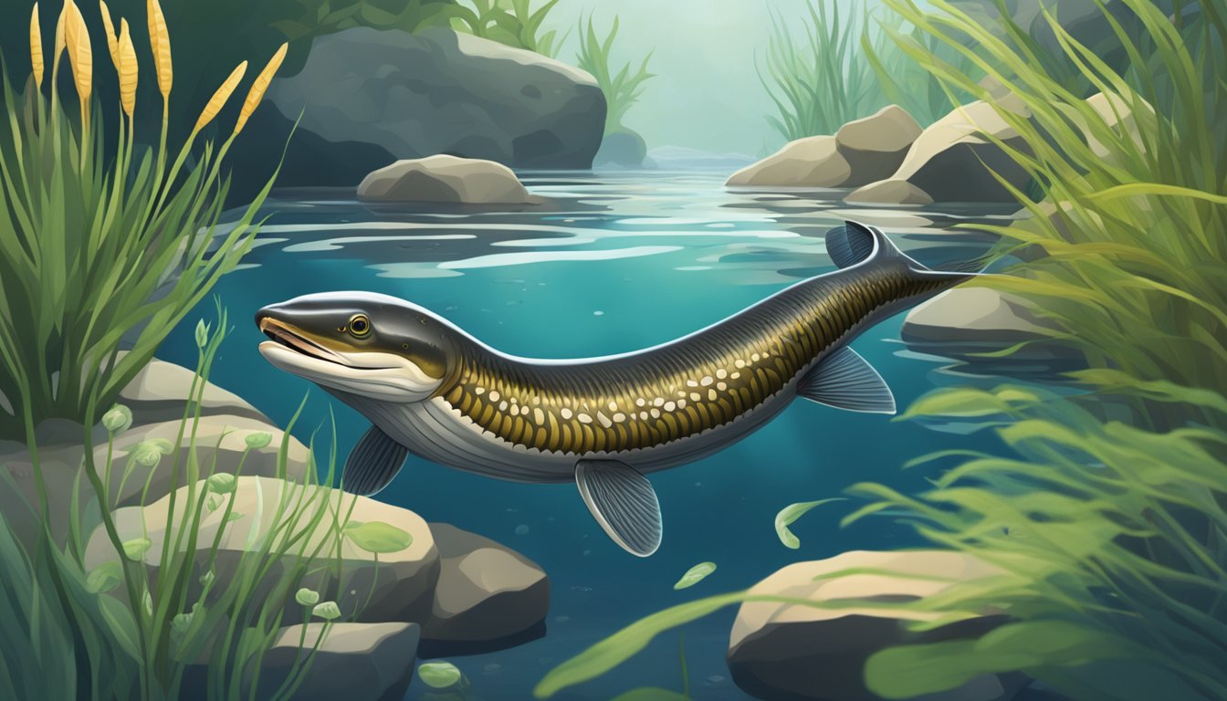 A lamprey swims in a clear stream, surrounded by aquatic plants and rocks. Its circular mouth is open, revealing rows of sharp teeth as it prepares to feed