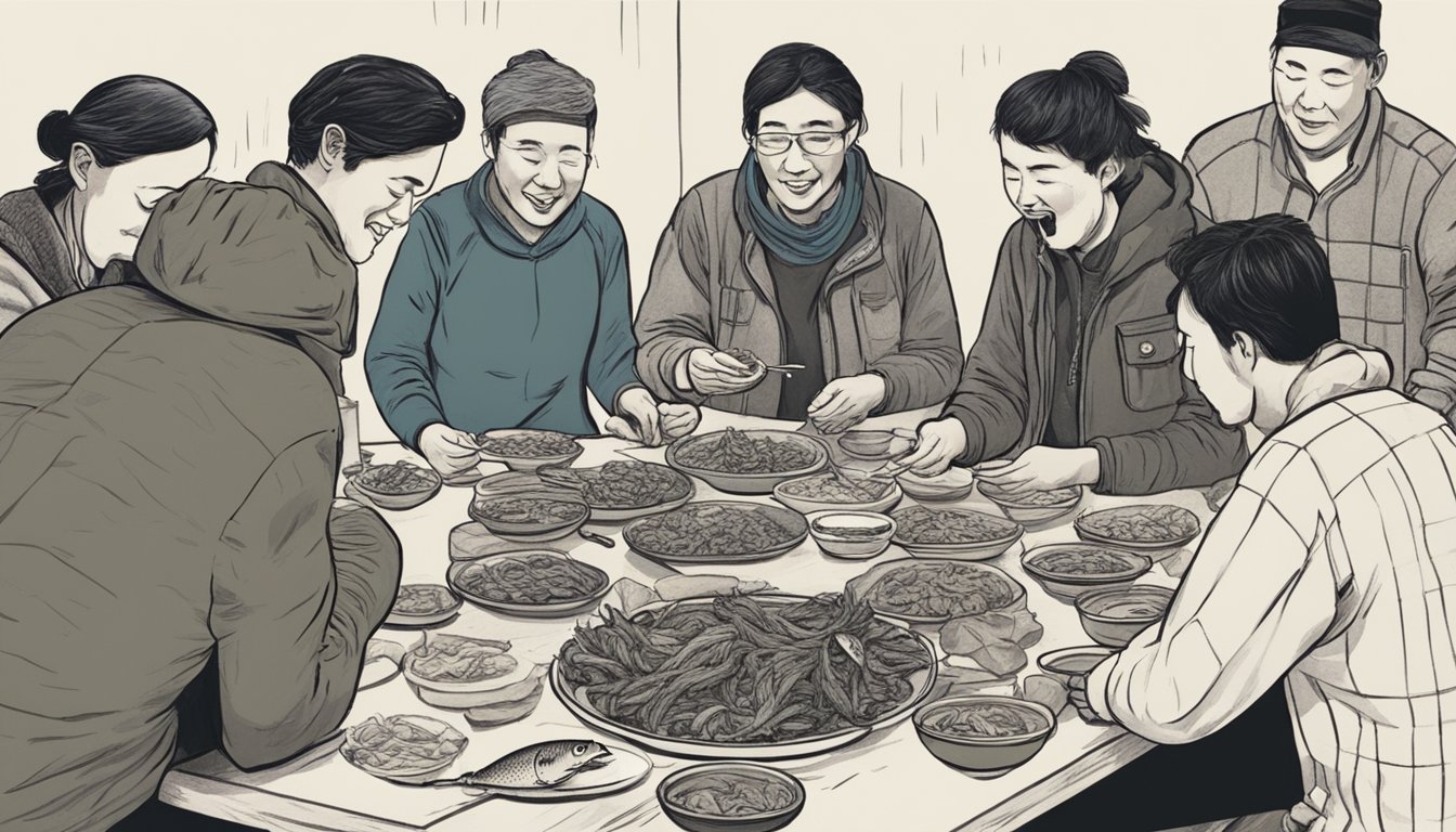 A group of people gathered around a table, grimacing as they sample stinkheads, a traditional Alaskan fermented fish dish. The pungent aroma fills the room