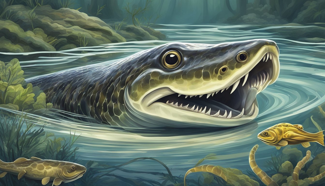 A lamprey swimming in a murky river, surrounded by other aquatic creatures, with its circular mouth open wide to reveal its sharp teeth