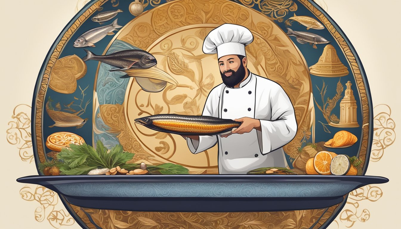 A chef presenting a cooked lamprey on a decorative platter, surrounded by cultural and religious symbols