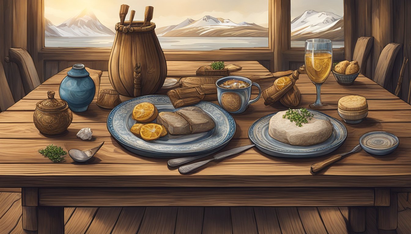 A wooden table with a plate of hakarl, surrounded by traditional Icelandic decor and artifacts