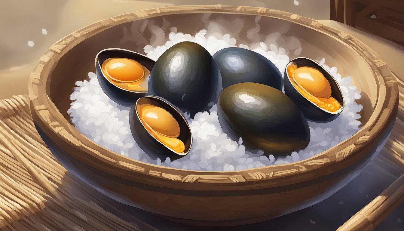 A traditional Chinese pottery bowl filled with century eggs, surrounded by a cloud of steam, resting on a bed of rice straw