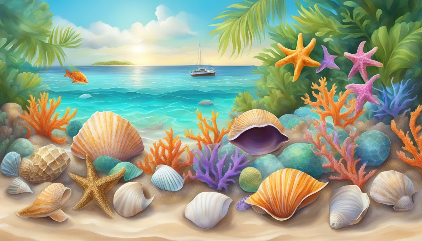 A vibrant Caribbean seascape with conch shells scattered across the sandy ocean floor, surrounded by colorful coral and marine life