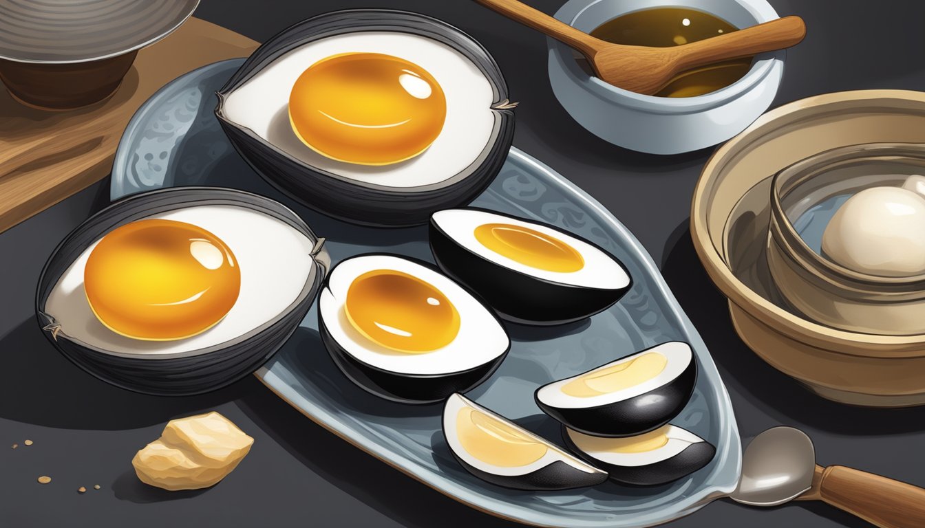 A black century egg sliced open, revealing the translucent amber yolk and dark, gelatinous white, set against a backdrop of traditional Chinese kitchen utensils