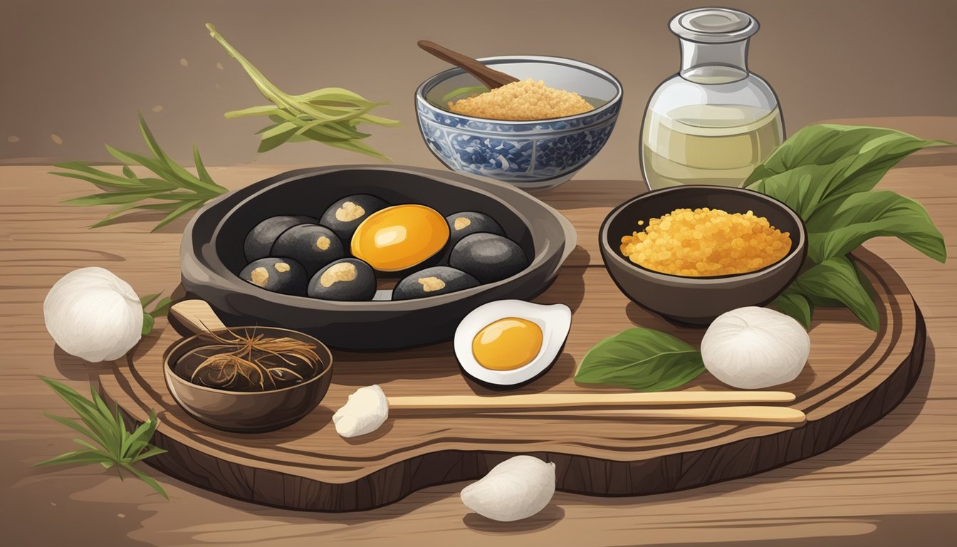 A traditional Chinese kitchen with a cracked century egg on a wooden cutting board, surrounded by ingredients like ginger and vinegar