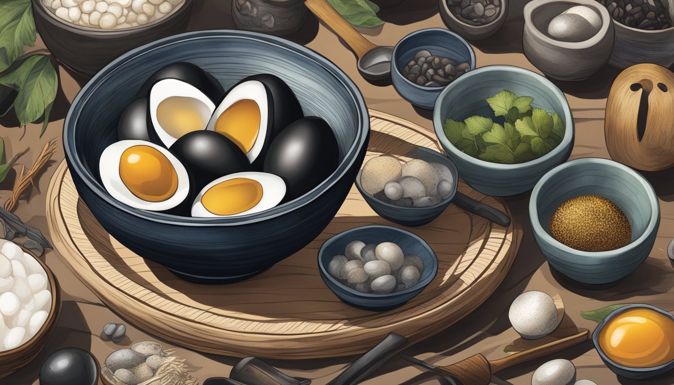 A bowl of century eggs surrounded by traditional preservation tools and ingredients, with a hint of mystery and intrigue in the air