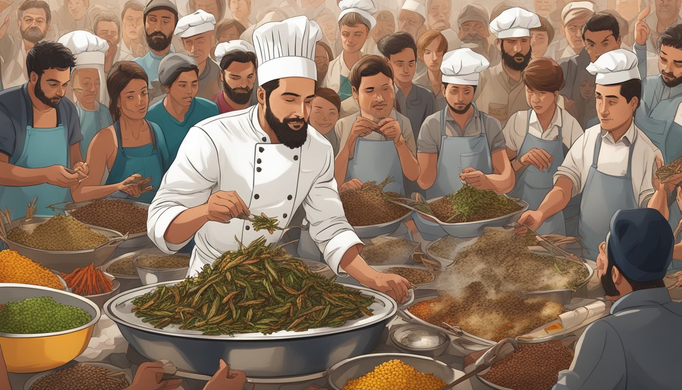 A chef prepares a gourmet dish of locusts, surrounded by exotic spices and herbs, while a crowd of curious onlookers watches in amazement