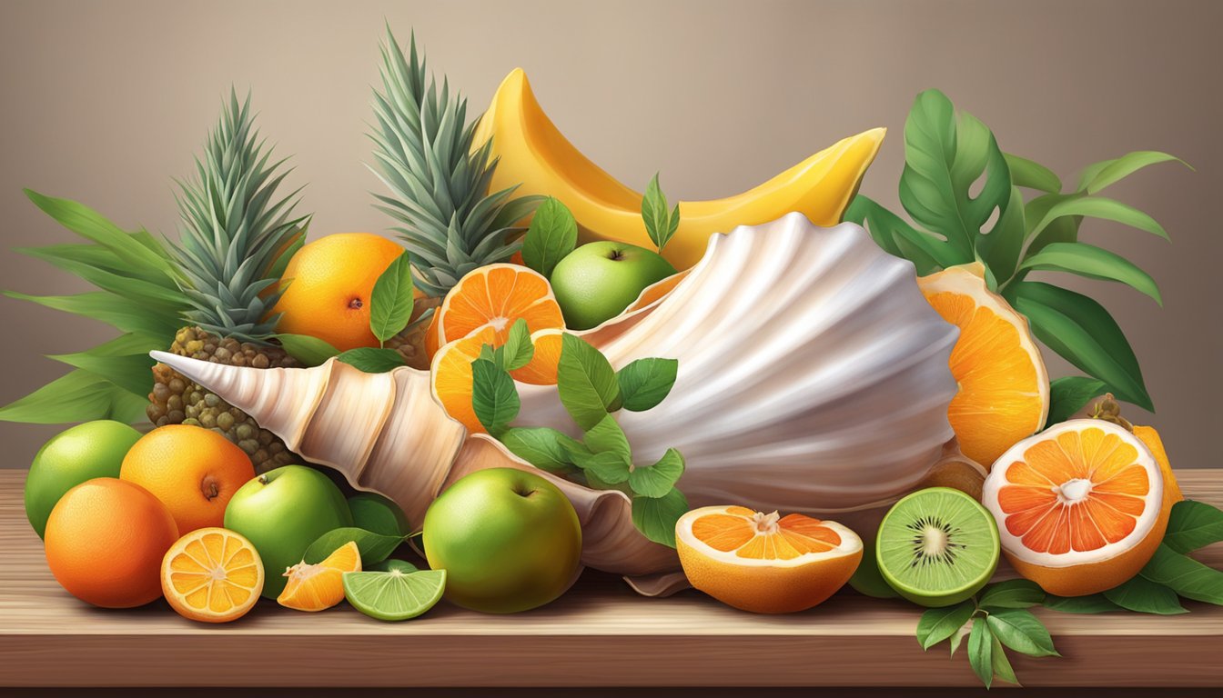 A conch shell surrounded by vibrant tropical fruits and herbs on a wooden table. The shell is open, revealing the meat inside