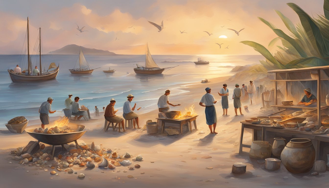 A coastal scene with conch shells scattered on the sand, fishing boats in the background, and locals gathered around a cooking fire