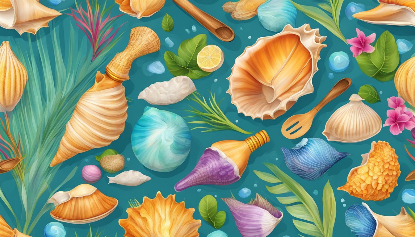 A colorful conch shell surrounded by vibrant Caribbean sea life and traditional cooking utensils