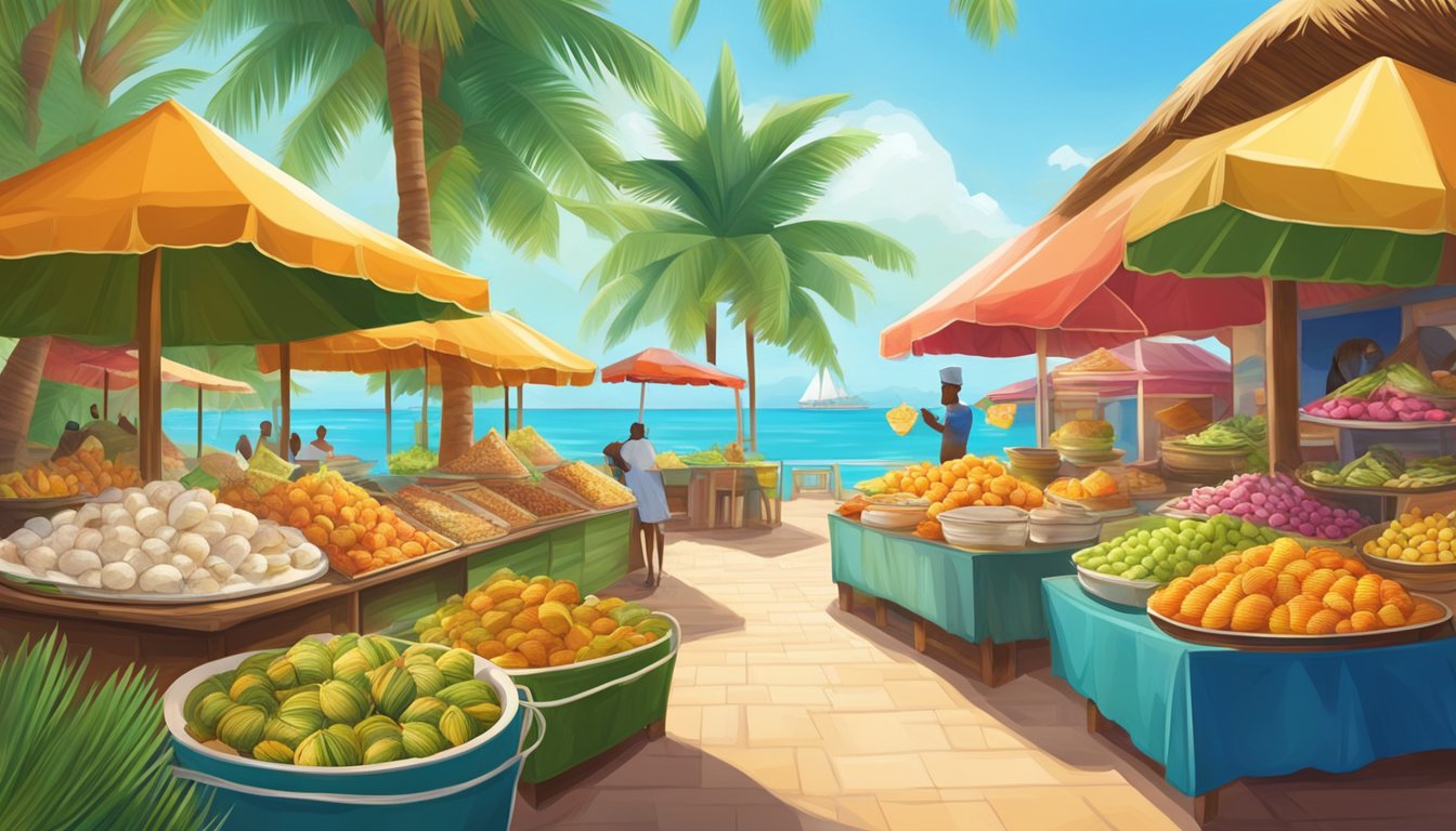 A vibrant Caribbean market with conch dishes on display, surrounded by palm trees and the sea in the background