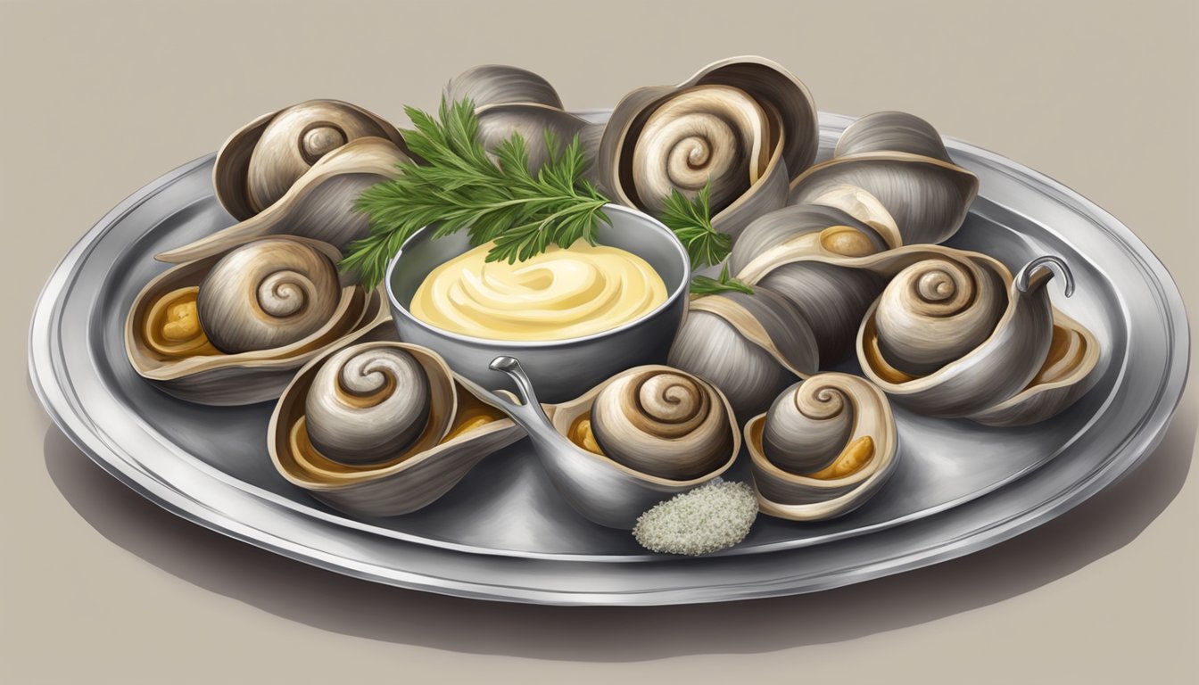 A silver platter holds a dozen cooked snails, garnished with herbs and served with a side of butter and bread