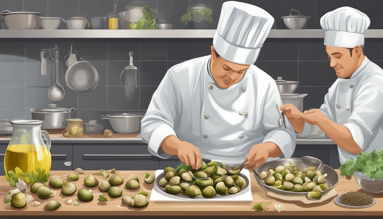 A chef carefully extracts snails from their shells and sautés them in garlic butter