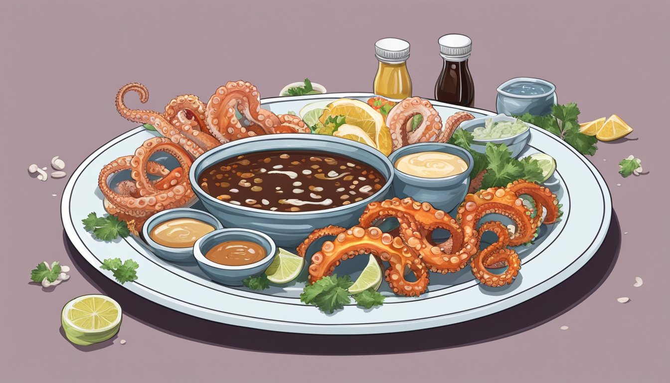 A plate of squirming live octopus tentacles, surrounded by various dipping sauces and garnishes