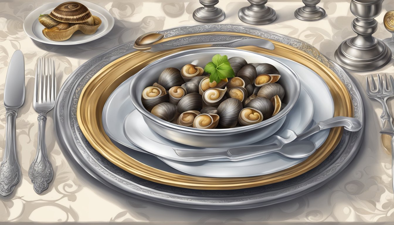 A French bistro table set with a silver escargot fork and plate of cooked snails, surrounded by ornate decor and historical artifacts